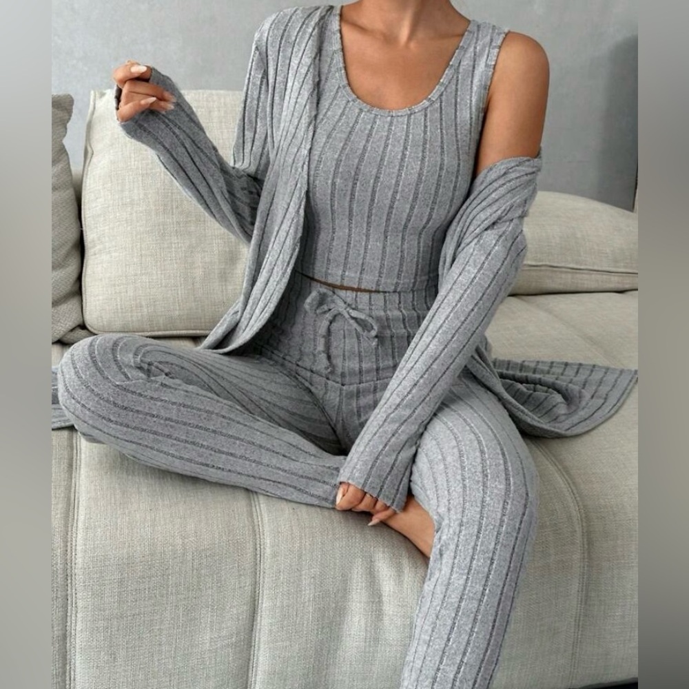 Three Piece Solid Ribbed Knit Lounge Set Pants Cropped Tank and Cardigan